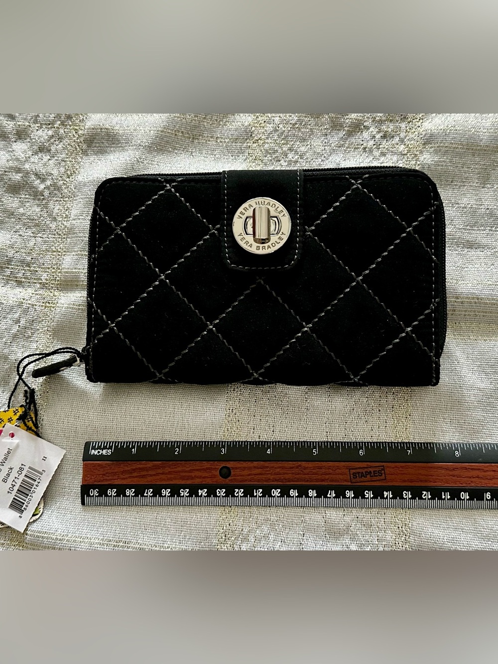 Vera Bradley Black Quilted Zip Wallet with Turn-Lock